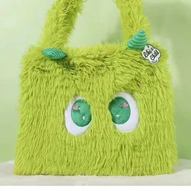 Winter Soft Fluffy Bag Cute Little Monster Cartoon Solid Color Plush Toy Handbag Casual Fuzzy Square Travel Women Shoulder Bag