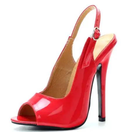 Red Patent Leather Peep Toe 140 mm Thin Heel Dress Sandals Women Sexy Ankle Buckle Strap Shallow High Heel Pumps Shoes Lady