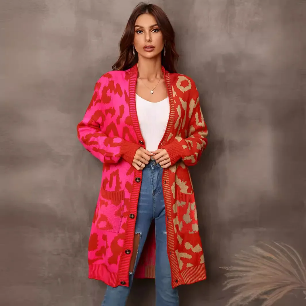 Personality Fashion Leopard Print V-neck Knit Cardigan Coat, New Spell Color Single Breasted Loose Long Sweater Coat for Women