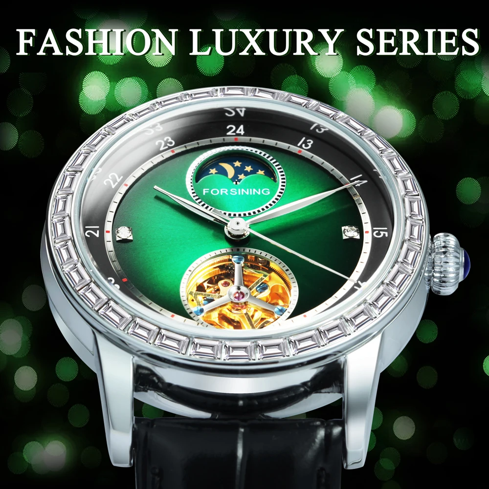 Fashion Forsining Top Brand Luxury Tourbillon Skeleton Automatic Men Jade Green Moon Phase Dial Genuine Leather Mechanical Watch