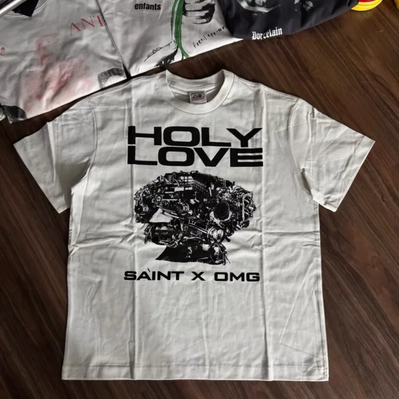 Washed White Retro Street Mechanical Portrait Printed Saint Tshirts Summer Rond Neck Short Sleeve Men Women Loose Top Tees