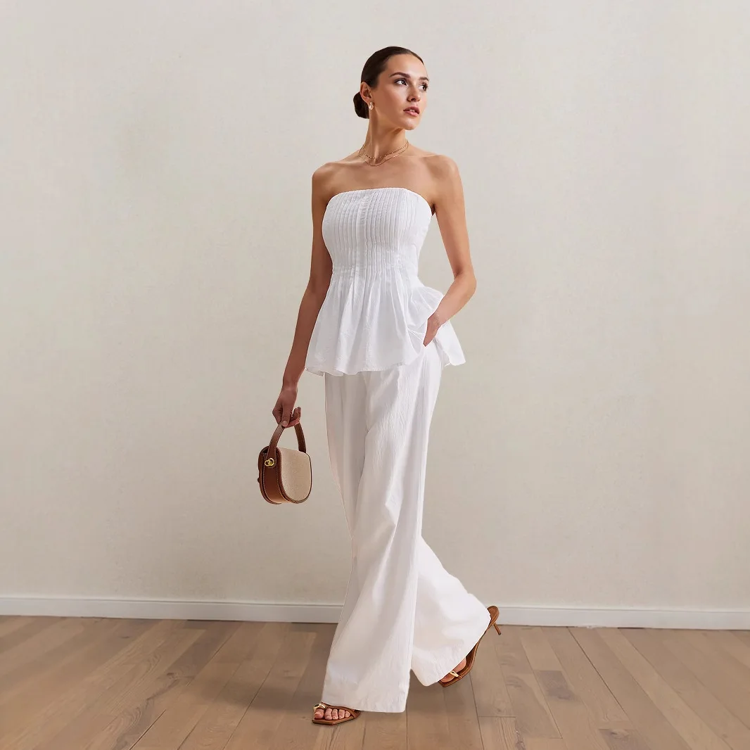 

Women Outfit Summer Clothes Women Strapless Vest Top Wide Leg Pant Sets OL Style Tracksuits Woman Set Elegant White 2 Piece Sets