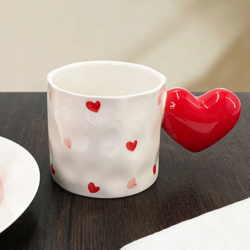 Simple Love Ceramic Coffee Cup Creative Heart Shaped Cup Couple Afternoon Camellia Flower Teacup Home Breakfast Milk Mug Gifts