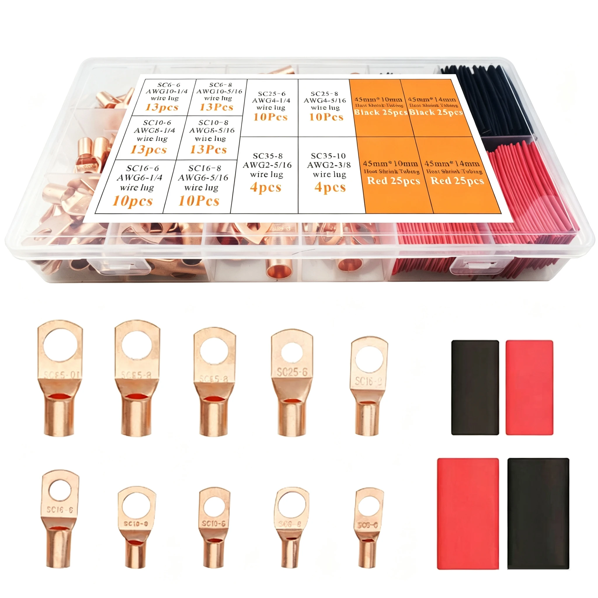 200Pcs Copper Wire Lugs AWG2 4 6 8 10 12 with Heat Shrink Set Battery Cable Ends Ring Terminals Connectors