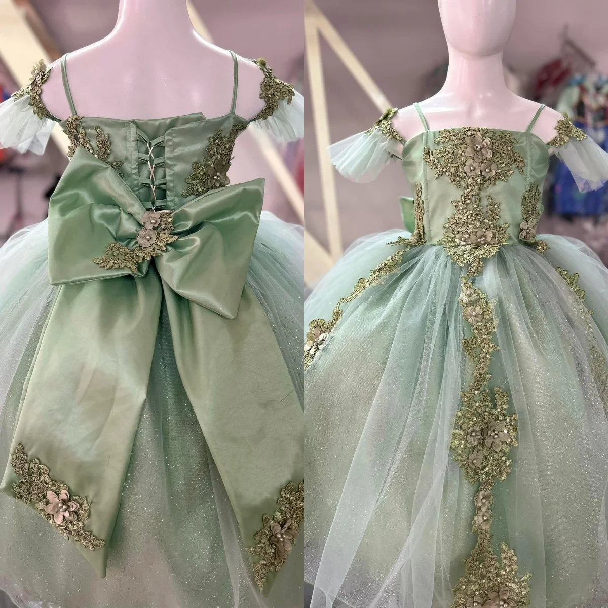 Dusty Green Flower Girl Dresses for Party Princess Kids Birthday Pageant Dress Big Bow Lace Appliqued Baby Photoshoot Dress