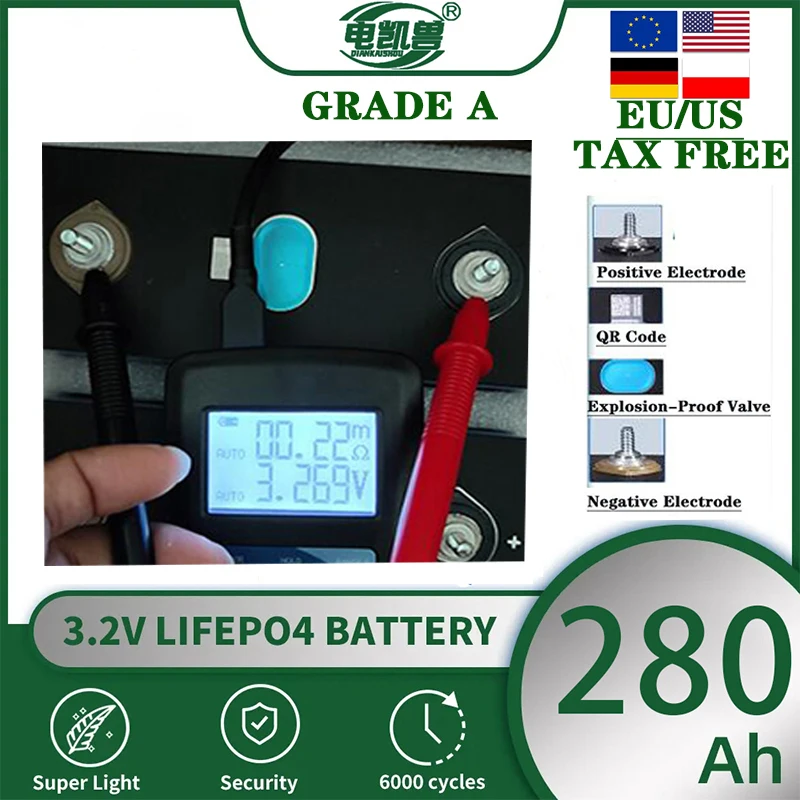 New A-grade 3.2V 280Ah lithium iron phosphate rechargeable battery suitable for DIY 12V 24V 48V electric vehicle RV solar system