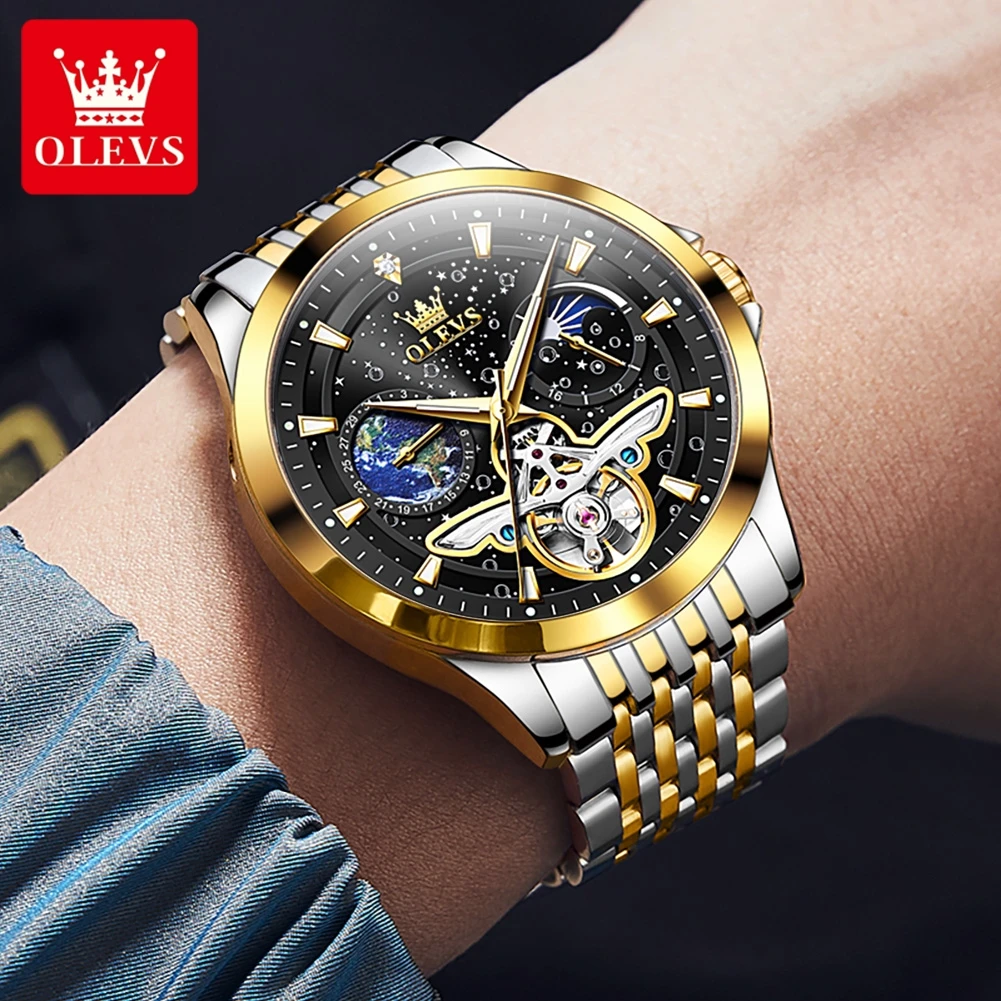 OLEVS-reloj mecánico totalmente automático para hombre, cronógrafo de fase lunar, resistente al agua, correa de acero inoxidable, esfera luminosa de cielo estrellado, calendario