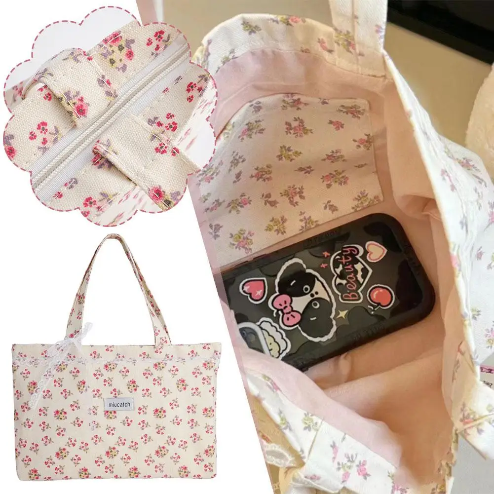 Fashion Korean Large Capacity Floral Canvas Tote Bag 2025 New Mori Floral Commuter Shoulder Bag Niche Handbag Wallet For Wo Q4P5