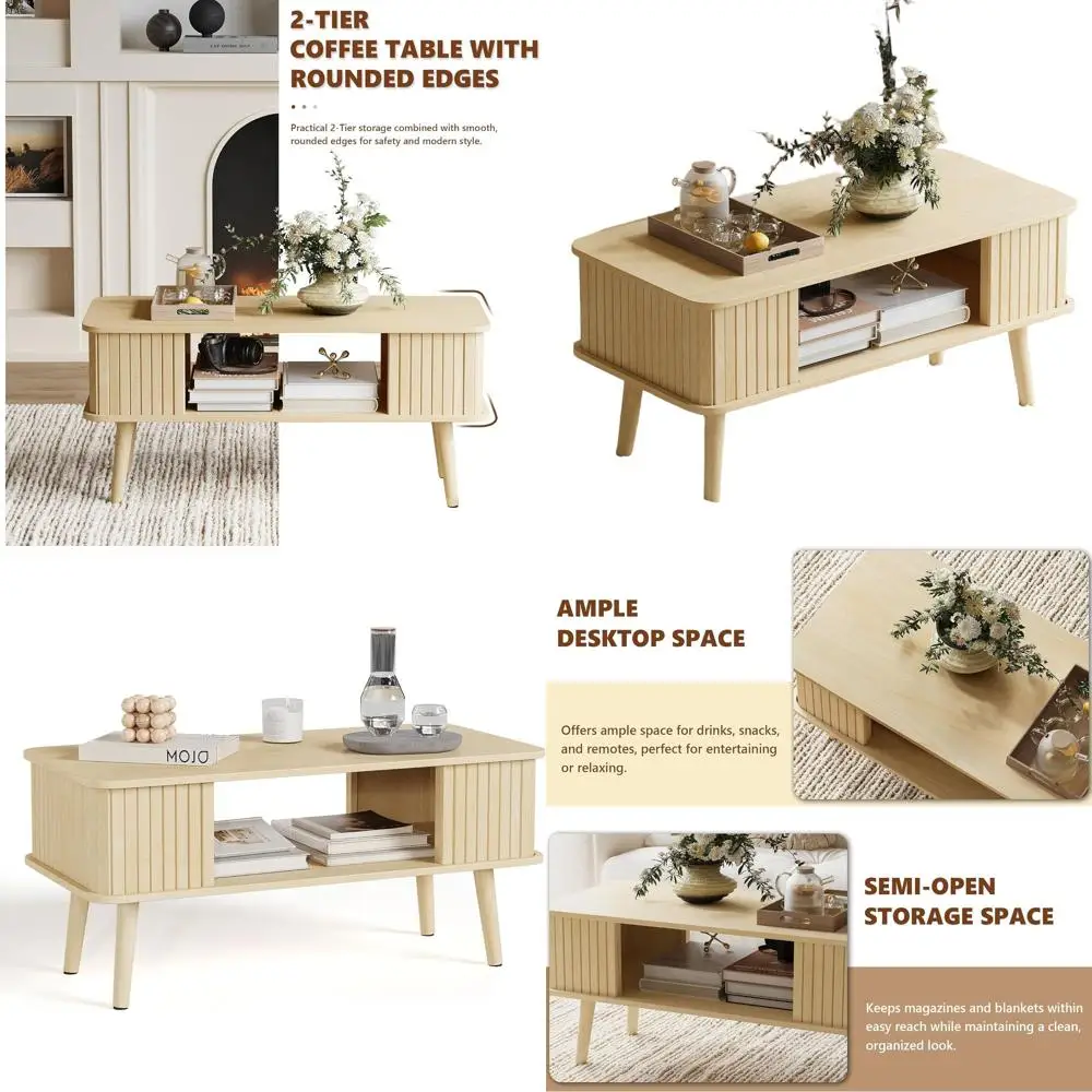 

Rectangular Living Room Coffee Table with Storage and Rounded Edges, Easy Assembly, Natural Wood Finish