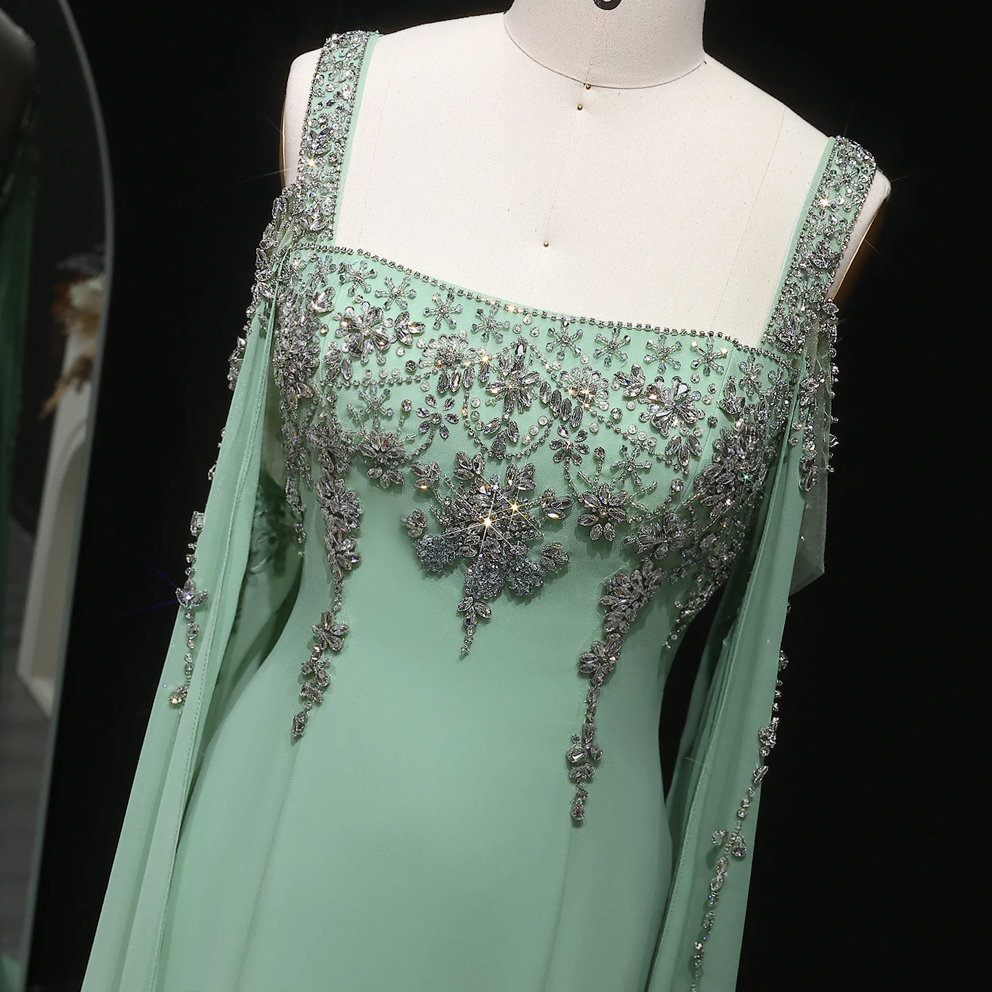 Sharon Said Chic Blue Luxury Crystal Arabic Evening Gown with Flowing Cape Sleeve Women Wedding Formal Dress SS305 Customized image 4