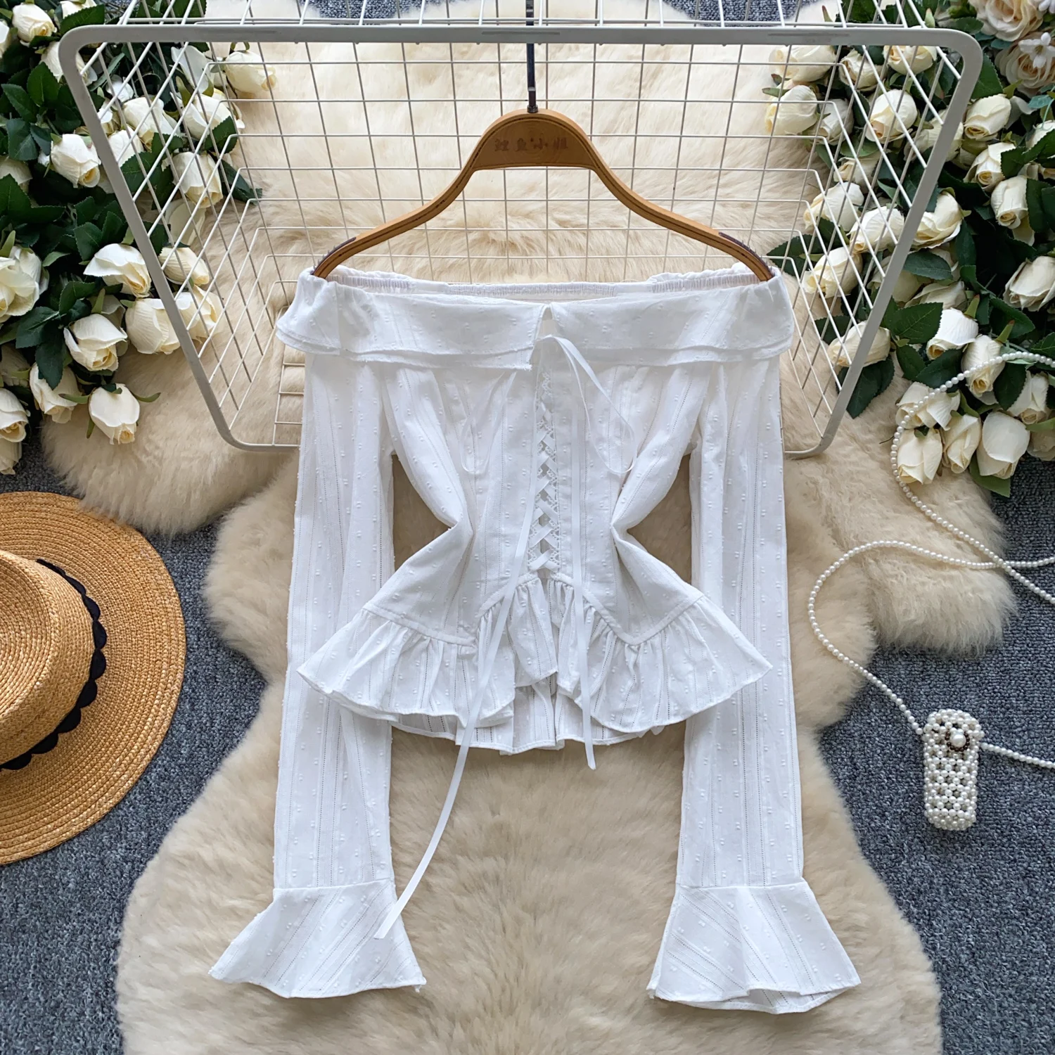 

Lady Drawstring Long Flare Sleeve Asymmetric Tops Shirts Women Trendy Design Slash Neck Back Pleated Stitching Blouse Fairy Tops