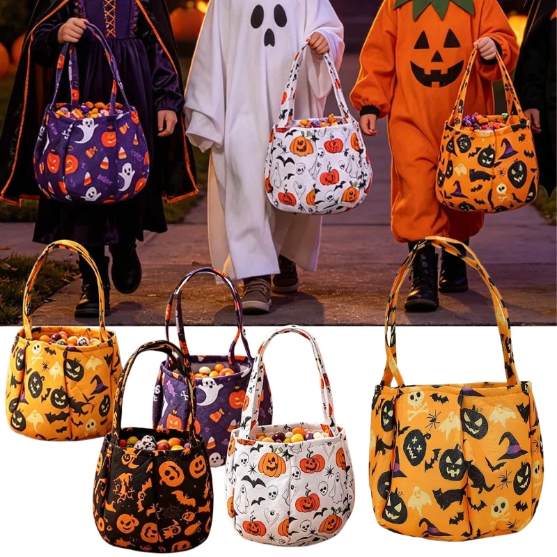 2026 Halloween Print Handheld Storage Bag Spooky Pumpkin Ghost Design Children Trick Or Treat Gift Tote Bag Halloween Supplies