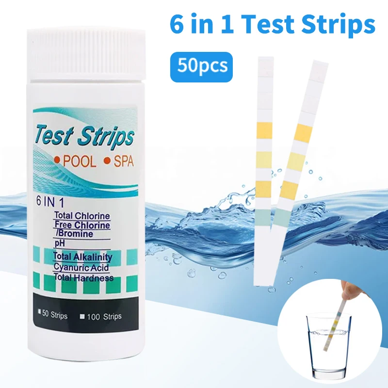 Tiras de prueba de agua 6 en 1, 50 Uds., PH, alta precisión, valor del cloro Residual, probador de dureza de alcalinidad, fácil detección para piscina y Spa