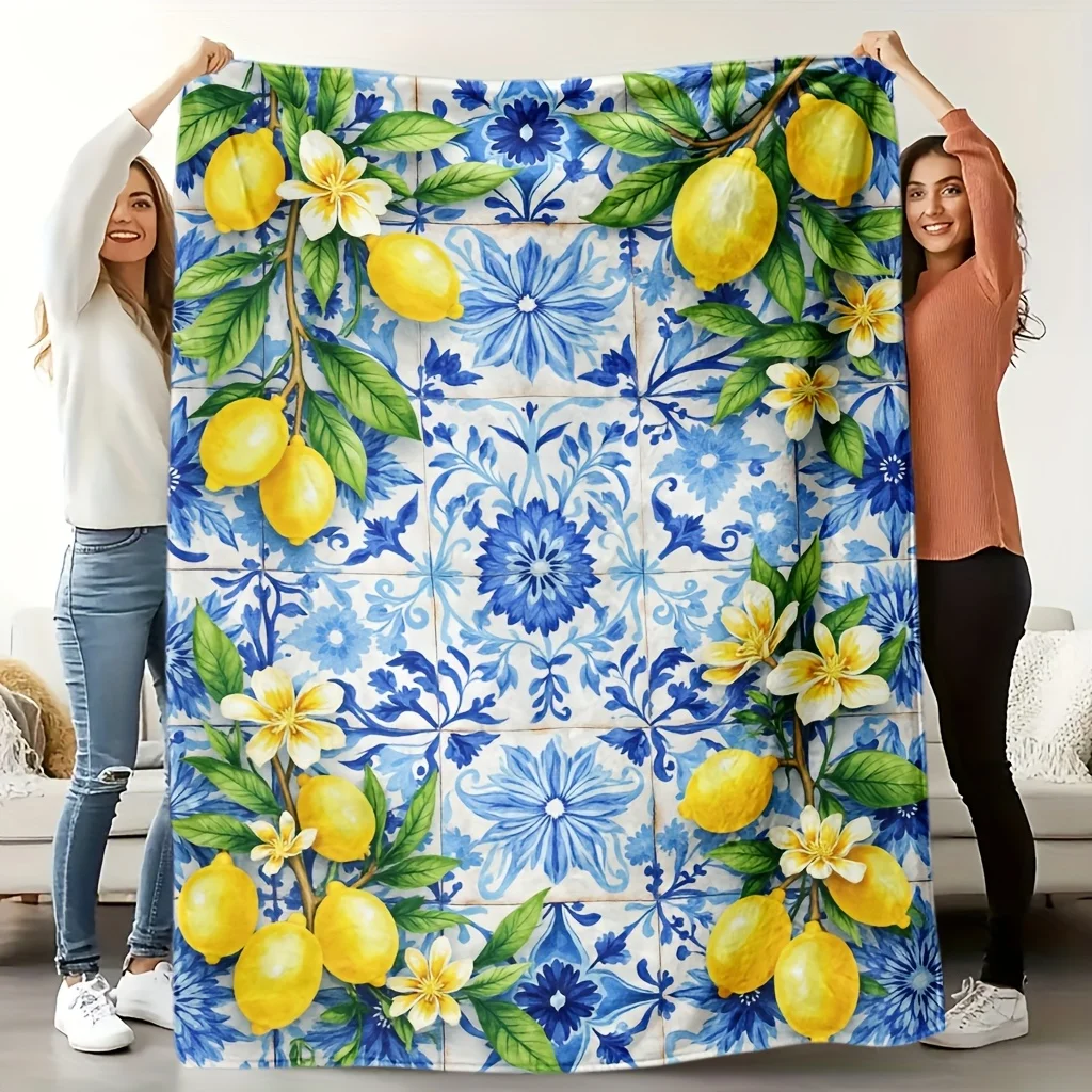 Lemon Floral Tile Pattern Blanket Mediterranean Style Print Cozy Throw For Patio Living Room Home Decor Accent Gift