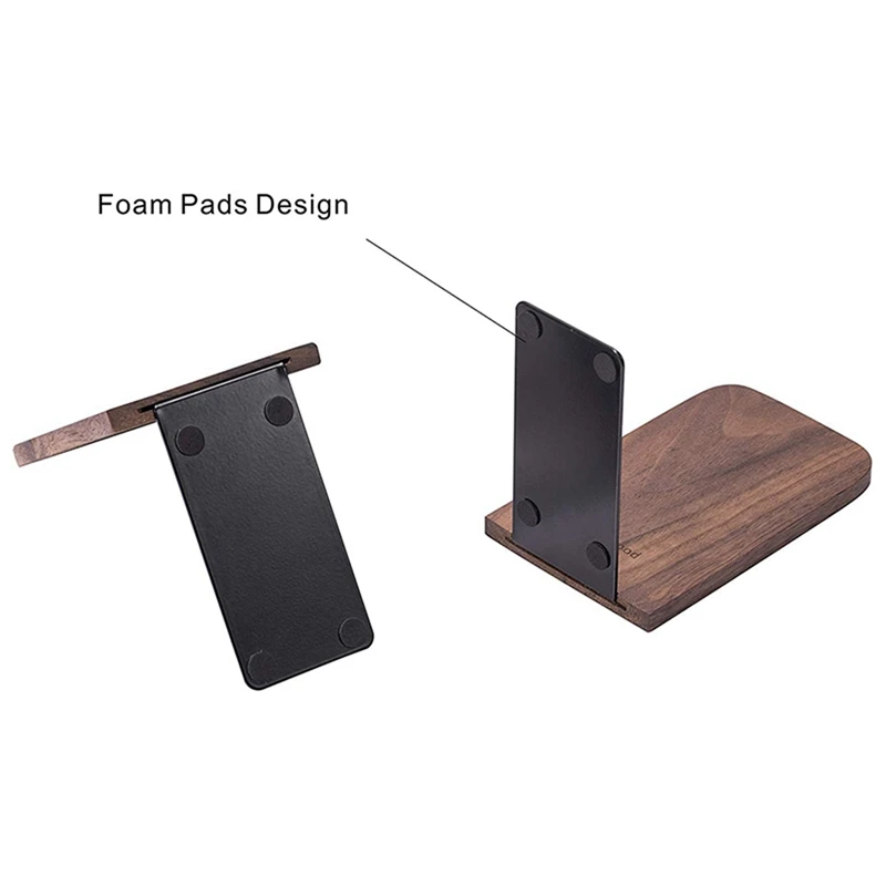 6Pcs Wooden Bookends With Metal Base Heavy Duty Black Walnut Book Stand With Anti-Skid Dots For Office Desktop