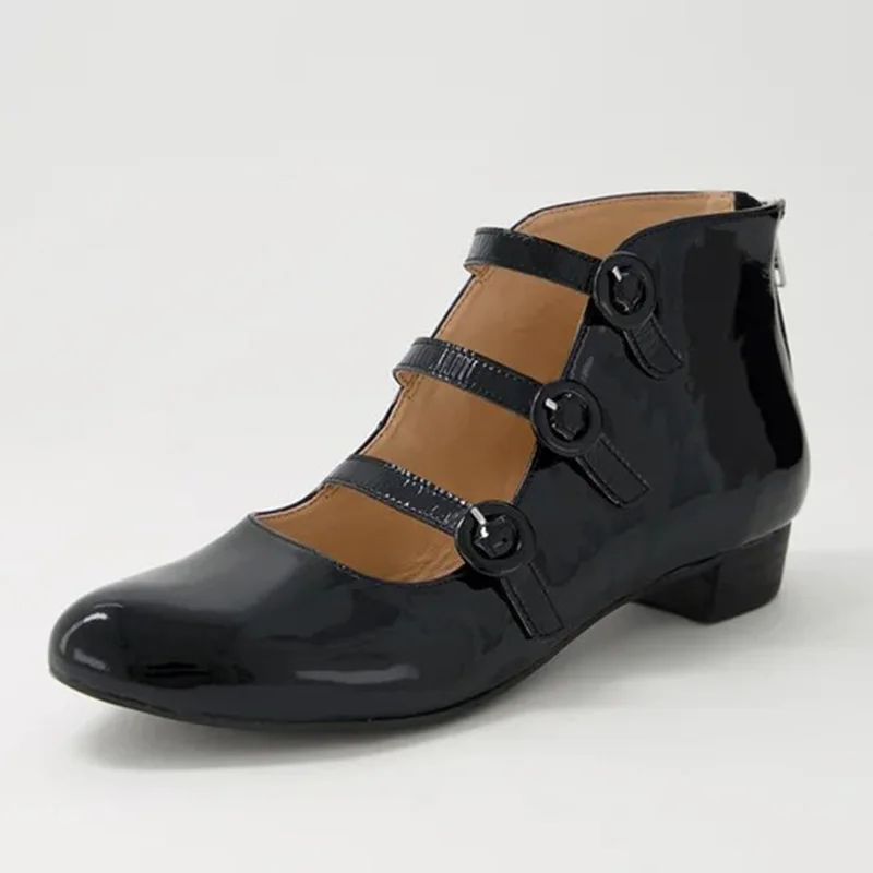 Sepatu Bot Wanita Hak Rendah Bertumpuk Ritsleting Pengencang Belakang Tali Gesper Paten Sapi Lembut