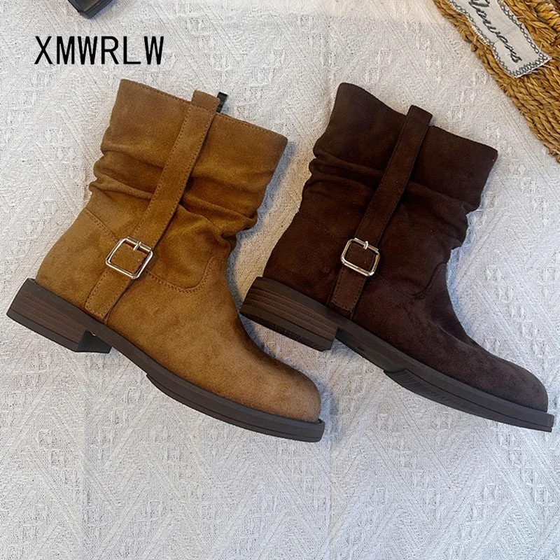 

XMWRLW 2025 г. женские кожаные осенние ботинки, модные однотонные женские осенние туфли на резиновой подошве, ботинки до середины икры, нескользящая обувь
