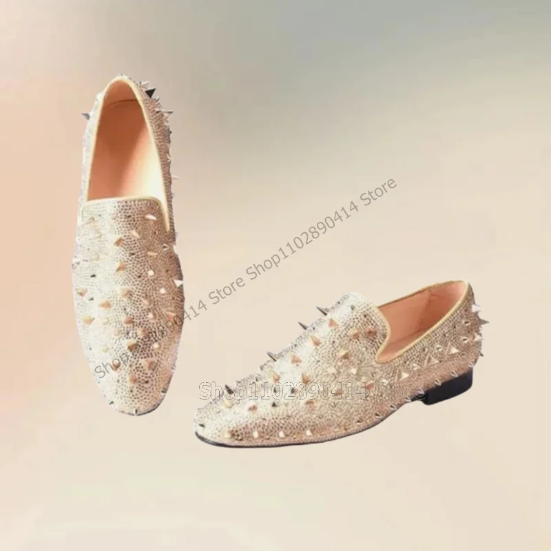 Mocasines con remaches de diamantes de imitación dorados y plateados para hombre, zapatos informales sin cordones, lujosos, hechos a mano, para fiesta y banquete