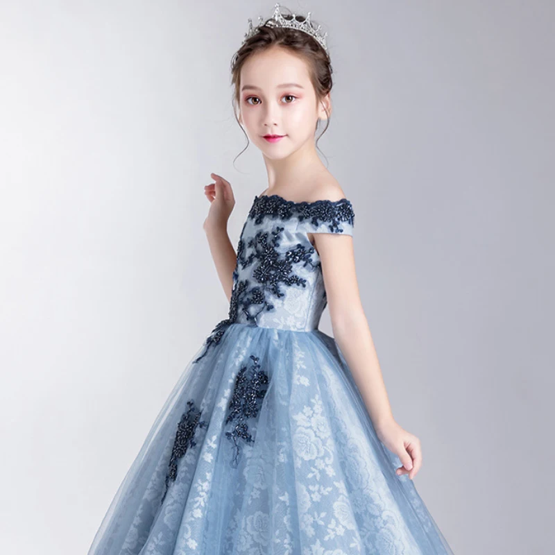 Child Girls Long Luxury Party Gowns 2023 Formal Kids Elegant Prom Evening Dresses 4 To 6 12 Years Child Cute Blue Princess Dress