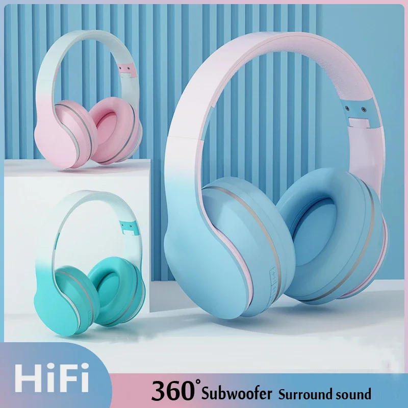 

Headset Bluetooth Headphone Head-mounted Wireless Music Gradient Color with Mic Gamer Earphone Kids Lovely Christmas Gifts