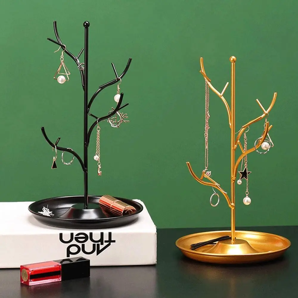 

High Quality Metal Jewelry Display Stand with Tray Tree Necklace Earring Organizer Holder Bracelet Rings Storage Rack Desktop