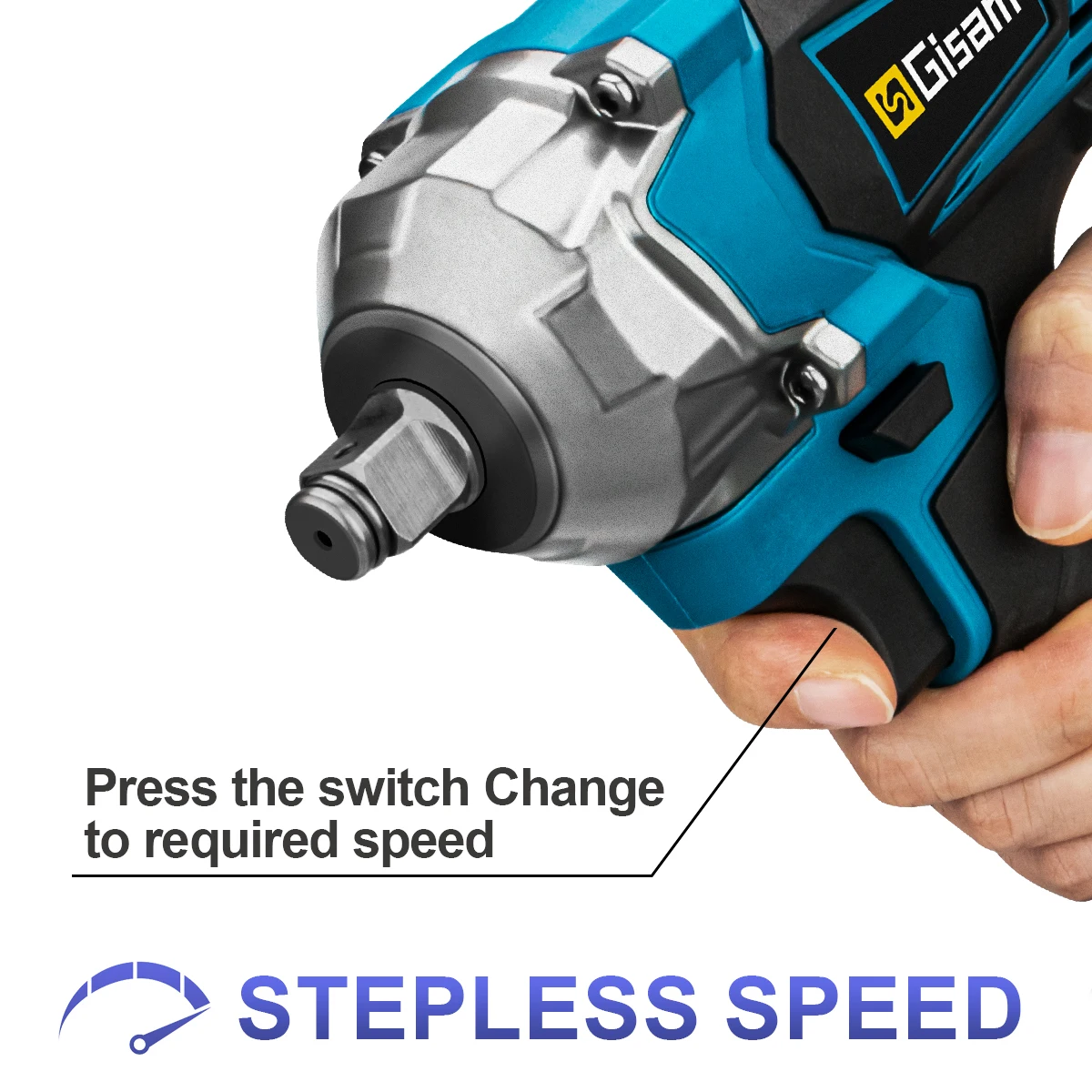 Gisam-Brushless Elétrica Impact Wrench, Chave De Fenda Sem Fio, Ferramentas Elétricas para Makita 18V Battery, 1200 N.M Torque, 1/2"