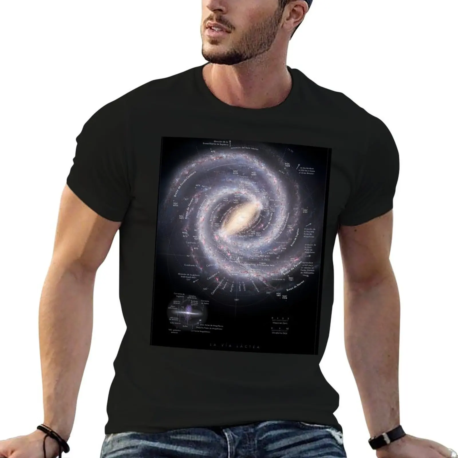 **SPANISH** Milky Way Map HD (en Espa?ol) Mapa de la Vía Láctea T-Shirt Basic Solid Color Short Sleeve Cotton Top