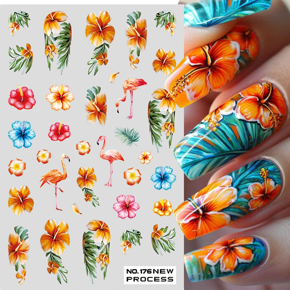 Green Coconut Tree Beach Nail Sticker Tropical Flamingo Flower Leaf Summer Nail Art Decals Adhesive Sliders Decorations Manicure