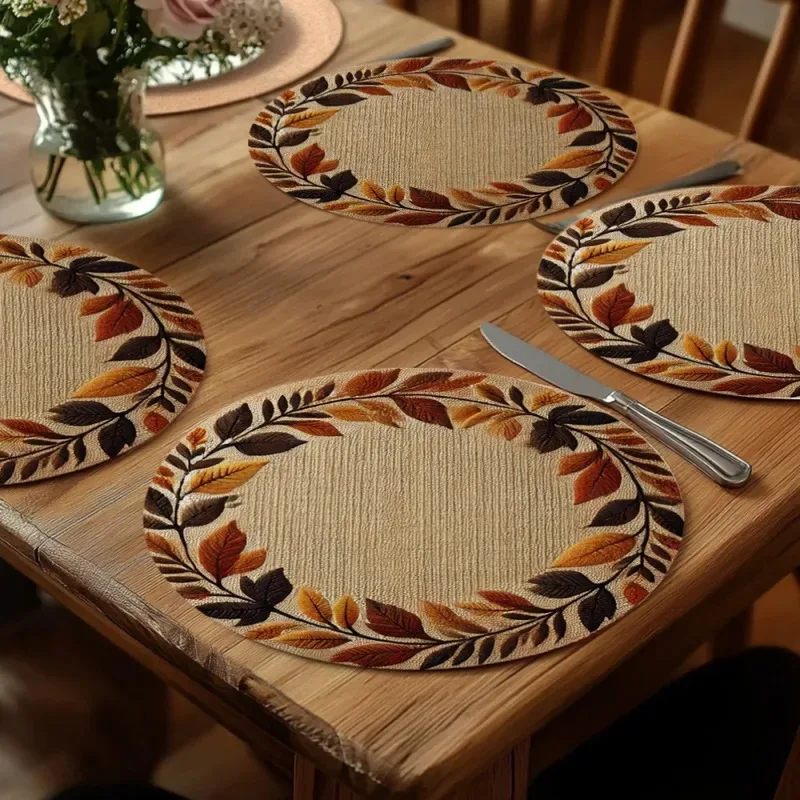 VIKAMA Four-Piece Round Placemat Set Autumn Thanksgiving Table Decor Falling Leaves Pattern Non-Slip Heat-Resistant Coasters - view 2
