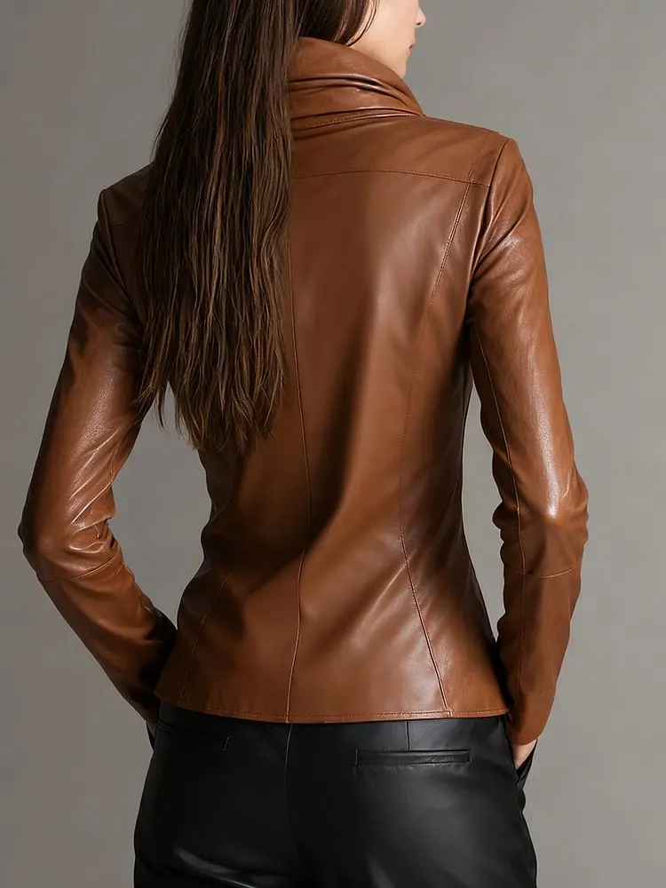 Damen-Bluse aus PU-Leder, Wasserfallausschnitt, langärmelig, T-Shirt, Streetwear-Oberteil, stilvoll, dehnbar, Kunstleder, schick, lässig, modisch – Detail 2