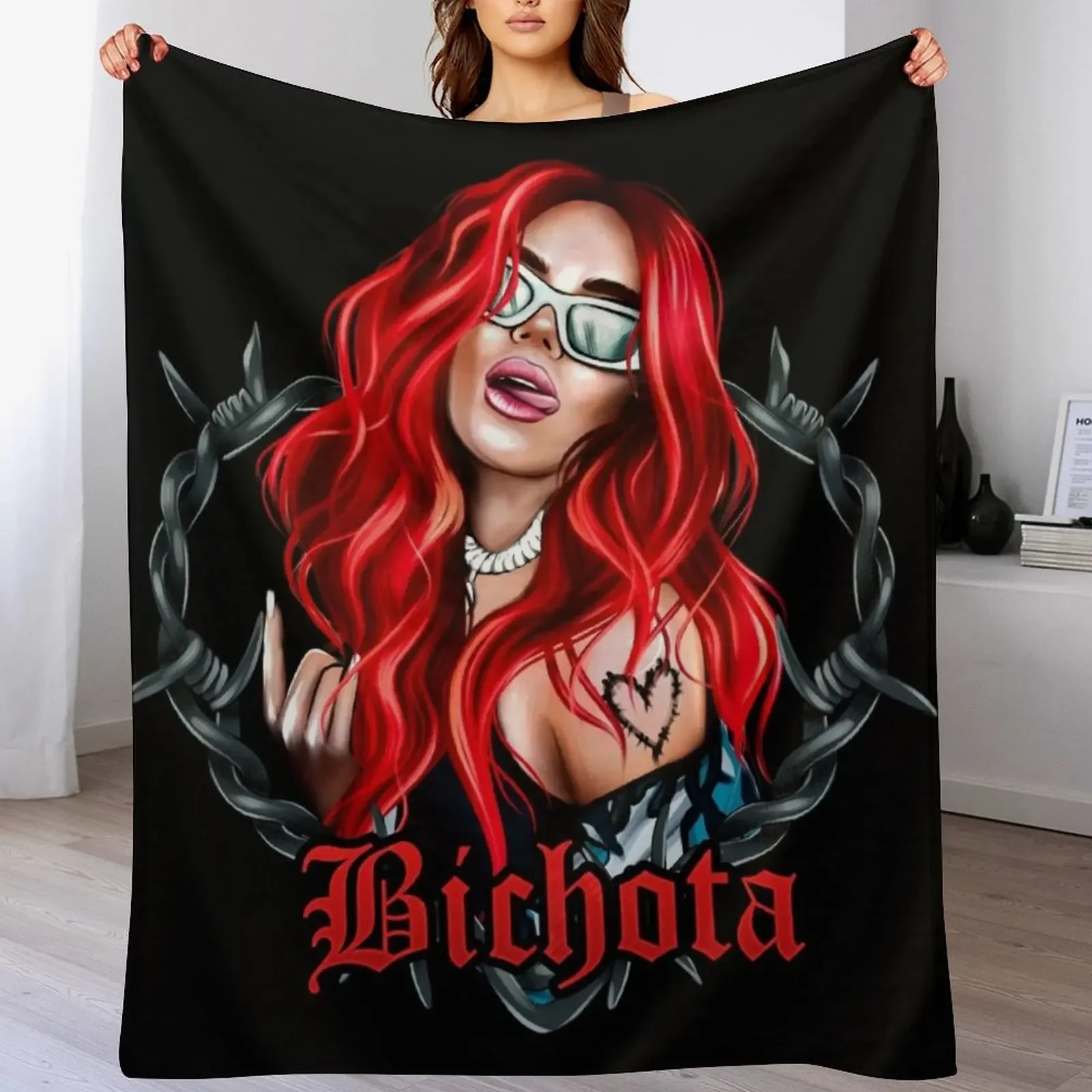 

karol g bichota and heart tattoo, Karol red Bare Wire Heart, Bichota , New look with Red Hair Il Throw Blanket Sofas Blankets