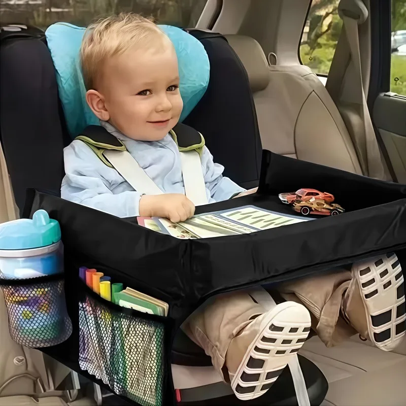 Foldable & Expandable Car Seat Travel Tray with Multiple Storage Pockets - Lightweight, Wall-Mountable Design for Airplane, Car