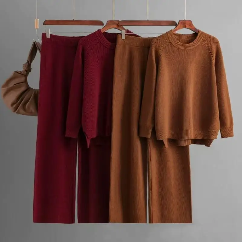 Thened فضفاض محبوك سترة وسراويل مجموعة طويلة Sve جولة Ne قطعتين مجموعة للنساء ملابس الخريف Faionable