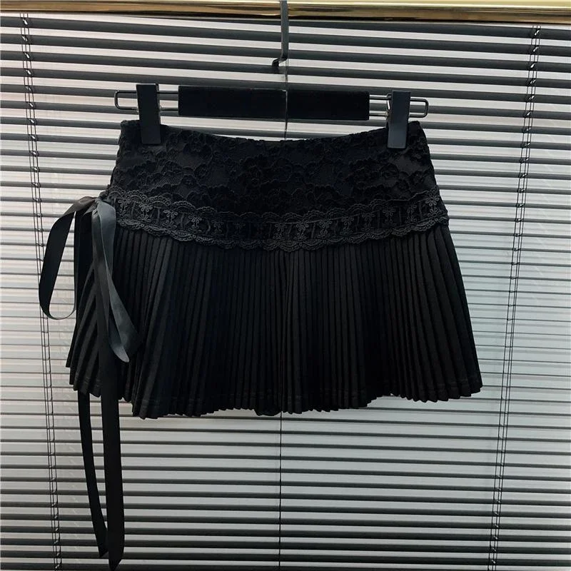 Letnie plisowane spódnice dla kobiet Koronkowy patchwork Jupe 2025 Faldas Mujer De Moda Cute Saia Y2k Estetyczna bandażowa kokardka Mini spódniczka