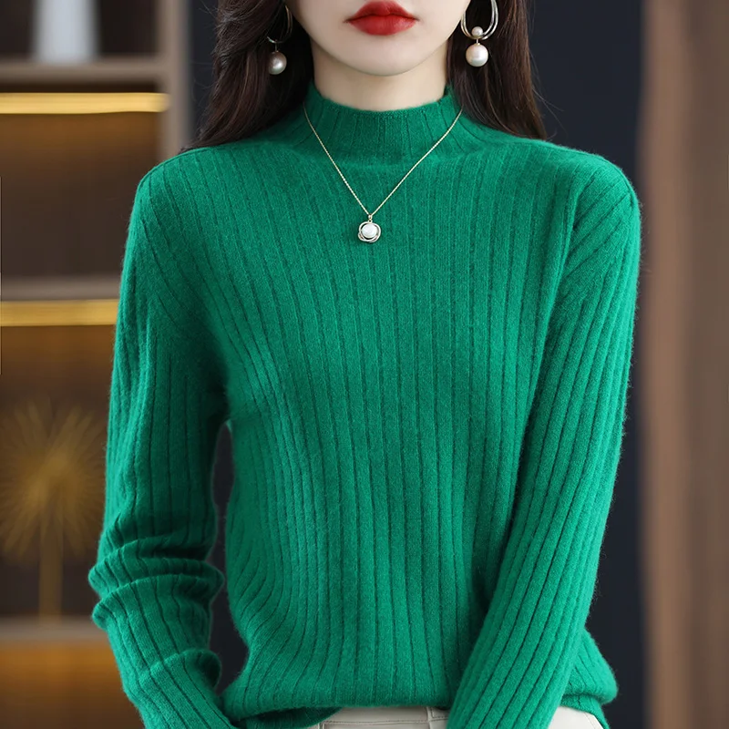 Autumn Winter Pullover Saddle Shoulder Mock Neck Slim Cashmere Wool Blend Women's Thick Thin Sweater Pullover