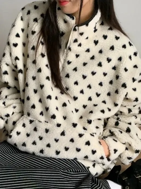 Inverno Vintage Dolce Cuore Giovane Look Colletto alla coreana f Zip Allentato Versatile Felpa pelosa Donna Coreana Sle Lazy Top