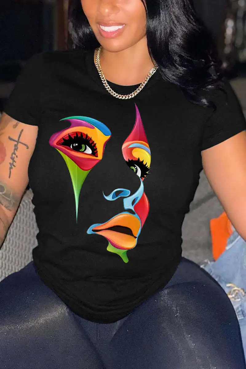 Camiseta gráfica casual feminina, blusa com gola redonda, roupa estampada da moda, primavera e verão, nova
