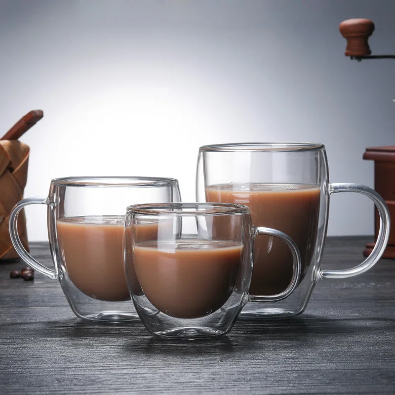 Double Wall Glass Coffee Mugs Milk Mug with Handle Cappuccino Latte Hot Drink Classic Coffee Glass Set Heat Cold Resistant Glass