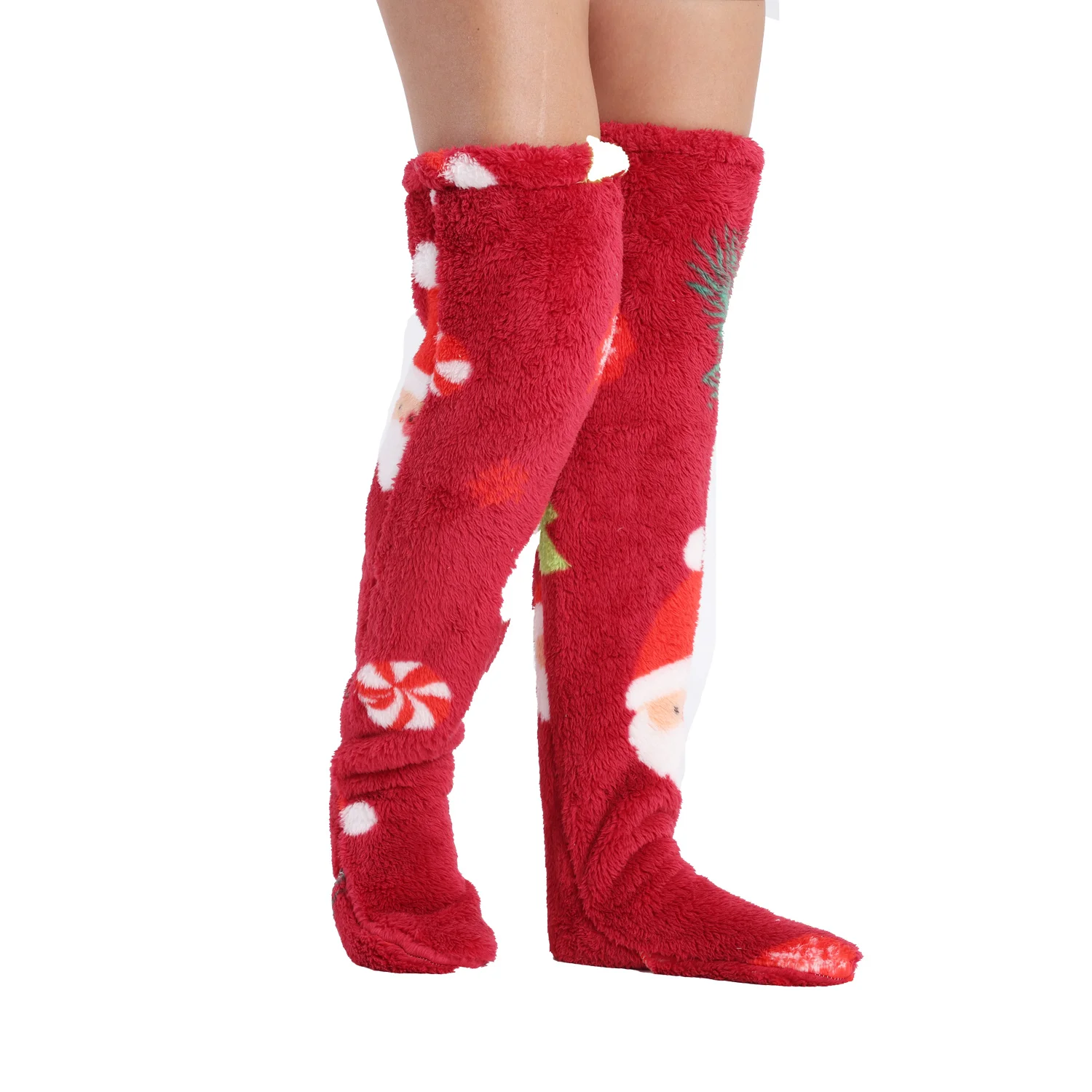 Winter Warm Christmas Socks Over Knee Warm Fluffy Fleece Stockings Thick Solid Leg Cover for Winter Xmas