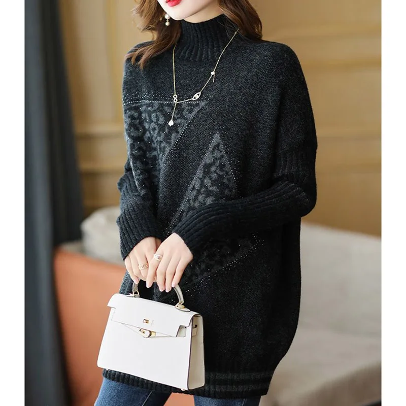 Autumn Winter Ladies Loose Fitting Pullover Knitwear Women Half High Collar Long Sleeves Knitting Female Large Size 4XL Sweater