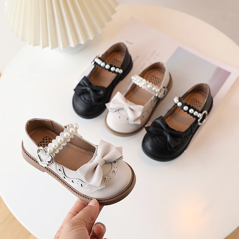 

2025 New Gril Leather Shoes Spring New Cute Girls Princess Elegant Sweet Fashion Bowtie Pearl Shoes Kids Shoes