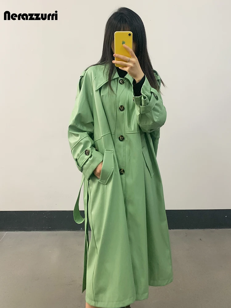 Nerazzurri Spring Long Oversized Colored Green Pu Leather Trench Coat for Women Sashes Single Breasted Luxury Designer Clothes