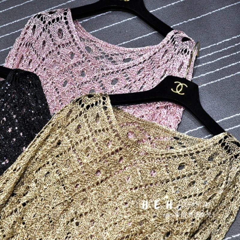 Herfst Kleding Voor Vrouwen 2024 Mode Sexy Pailletten Hol Losse Goud Heldere Zijden Jurk Vleermuizen Lange Mouwen Ronde kraag Breien