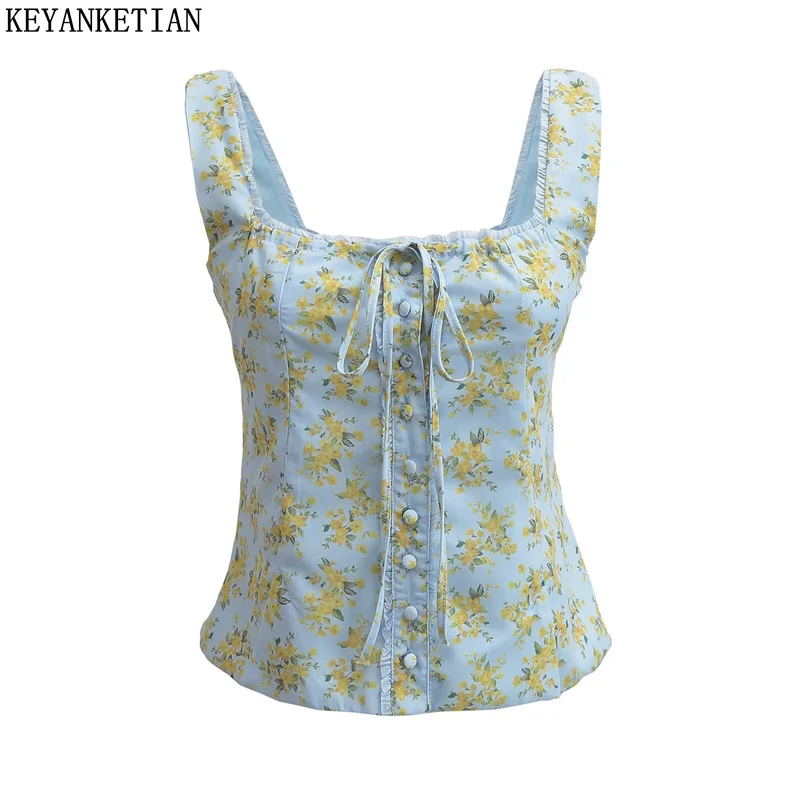 KEYANKETIAN 2024 New Launch Pastoral style Flower Print Tank Top Women's Summer Lace Up Bow Slash neck Slim Corset Crop Vest