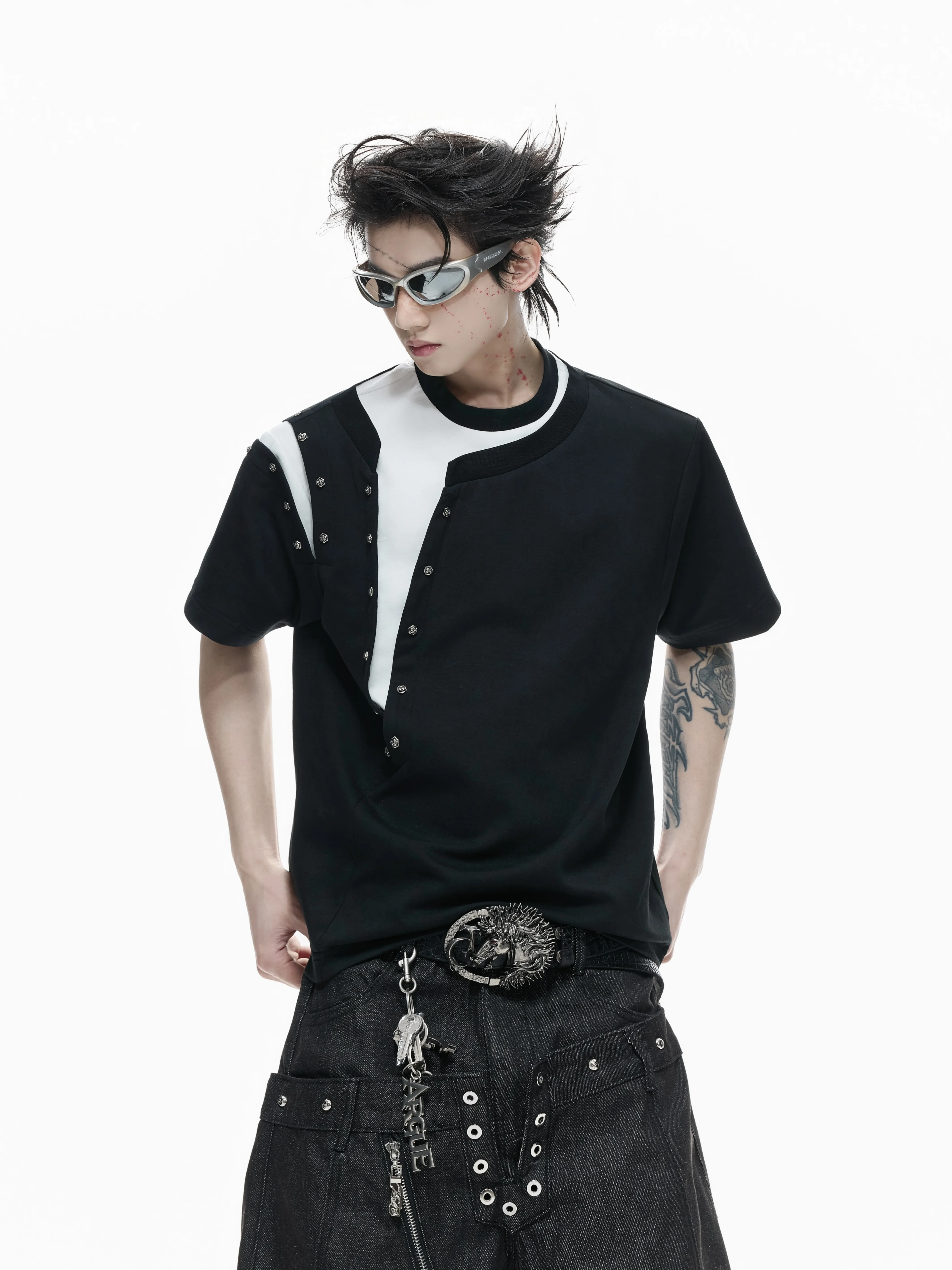 Cool Feeling Metal Rivet Short Sleeve T-Shirt Breathable Lightweight Standard Fit for All Seasons Men's Casual Fashion Top