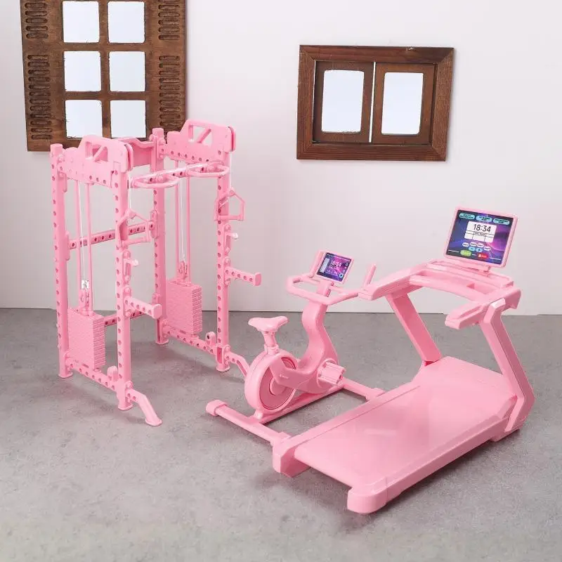 【F】1/12 Dollhouse Mini Fitness Equipment Simulation Gym Treadmill Dumbbell Weight Lifting Machine Doll House Decor Accessory