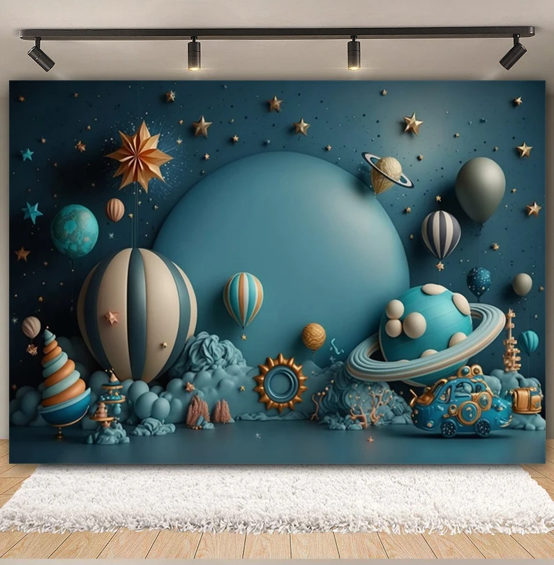 Outer Space Universe Balloons Photography Backdrop Astronaut Planet Boy Girl Baby 1st Birthday Party Cake Smash Photo Background