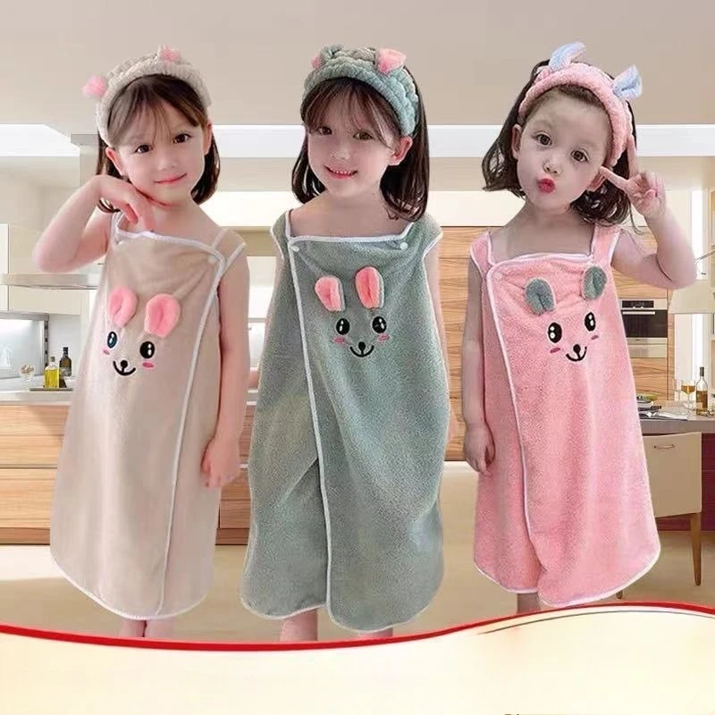 Children's bathrobe with built-in towel and hairband; soft, absorbent, and lint-free
