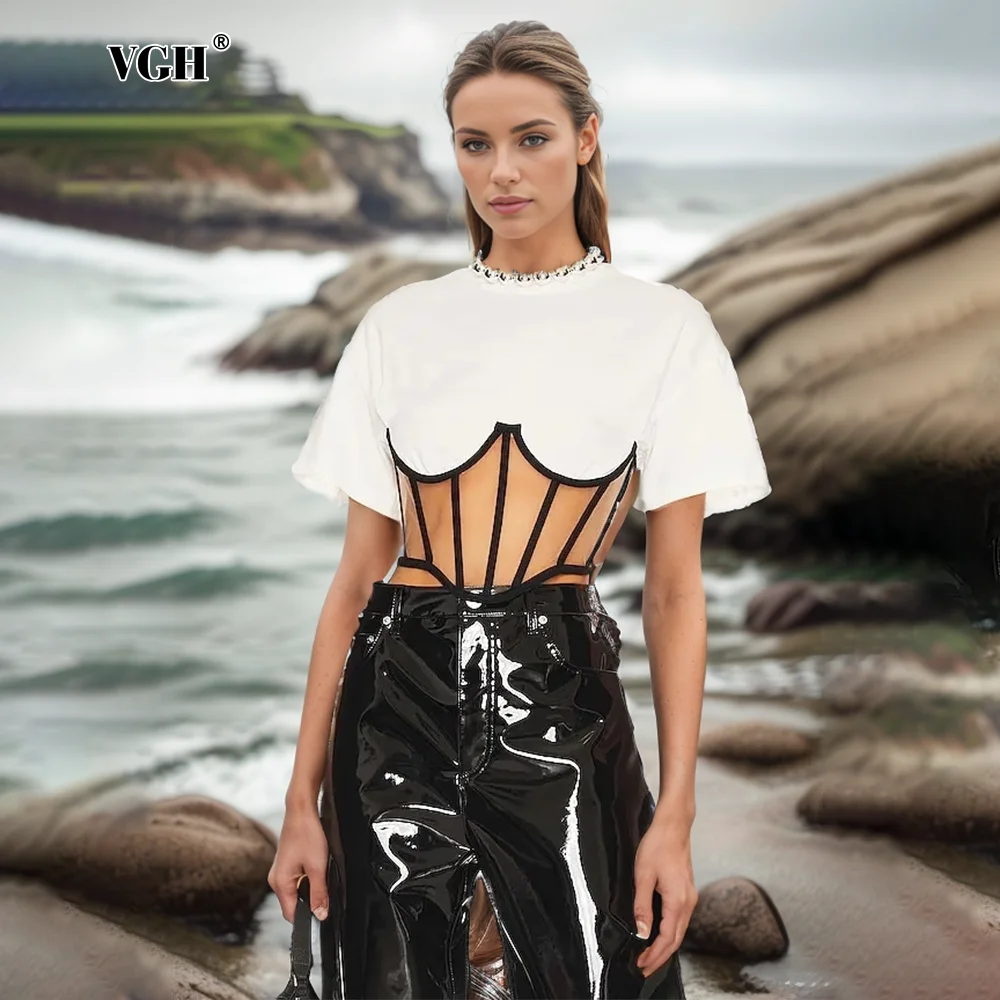 

VGH Sexy Hit Color Patchwork Sheer Mesh T Shirts For Women Round Neck Short Sleeve Spliced Zipper Slimming T Shirt Female New