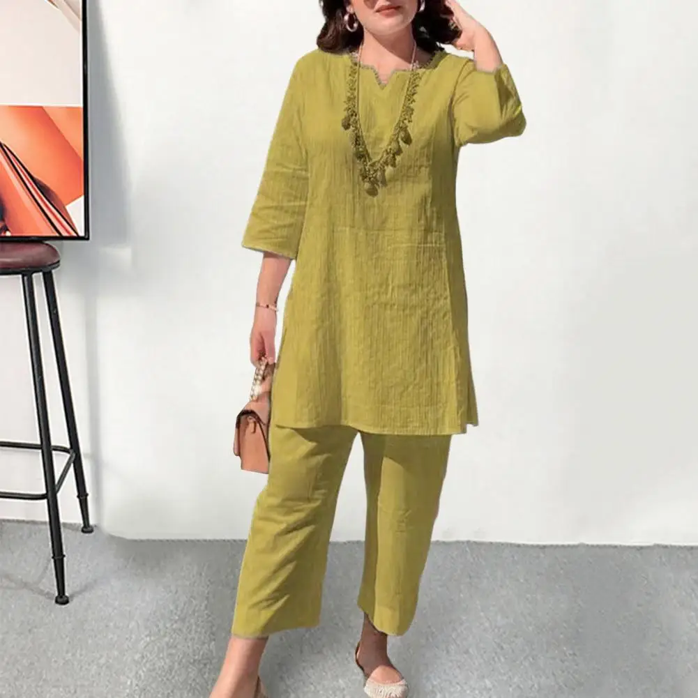 

Ethnic Style Women Outfit V-Neck 3/4 Sleeves Solid Color Female Summer T-Shirt Long Pants Suit Casual Women Blouse Trousers Sets